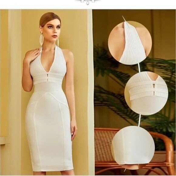 Halter Bodycon Bandage Dress Sexy Hollow Out Backless white - Picture 2 of 9